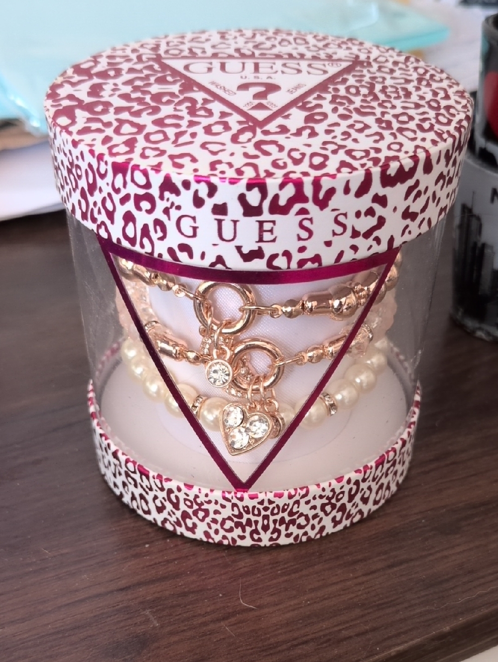 GUESS Rose Gold Tone Bracelet Set with Pearl and Crystal Heart Charms
